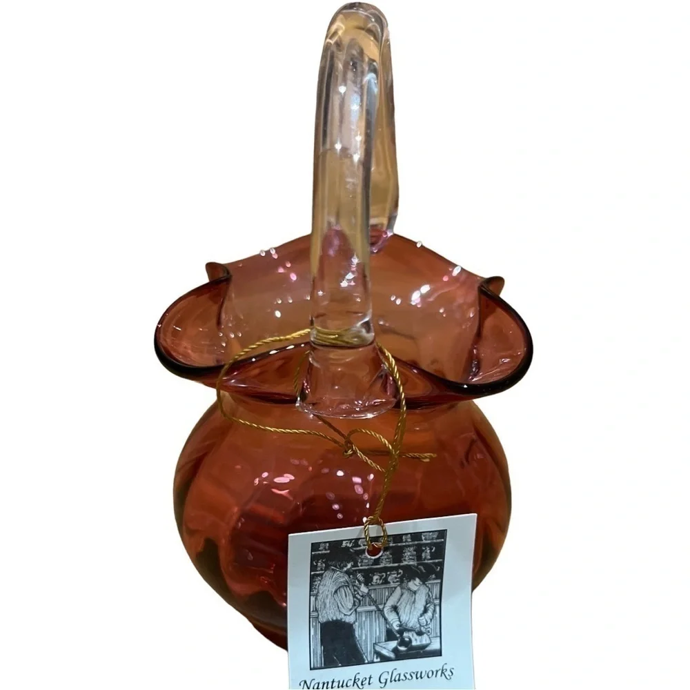 Nantucket Glassworks Cranberry Ruffled Glass Basket